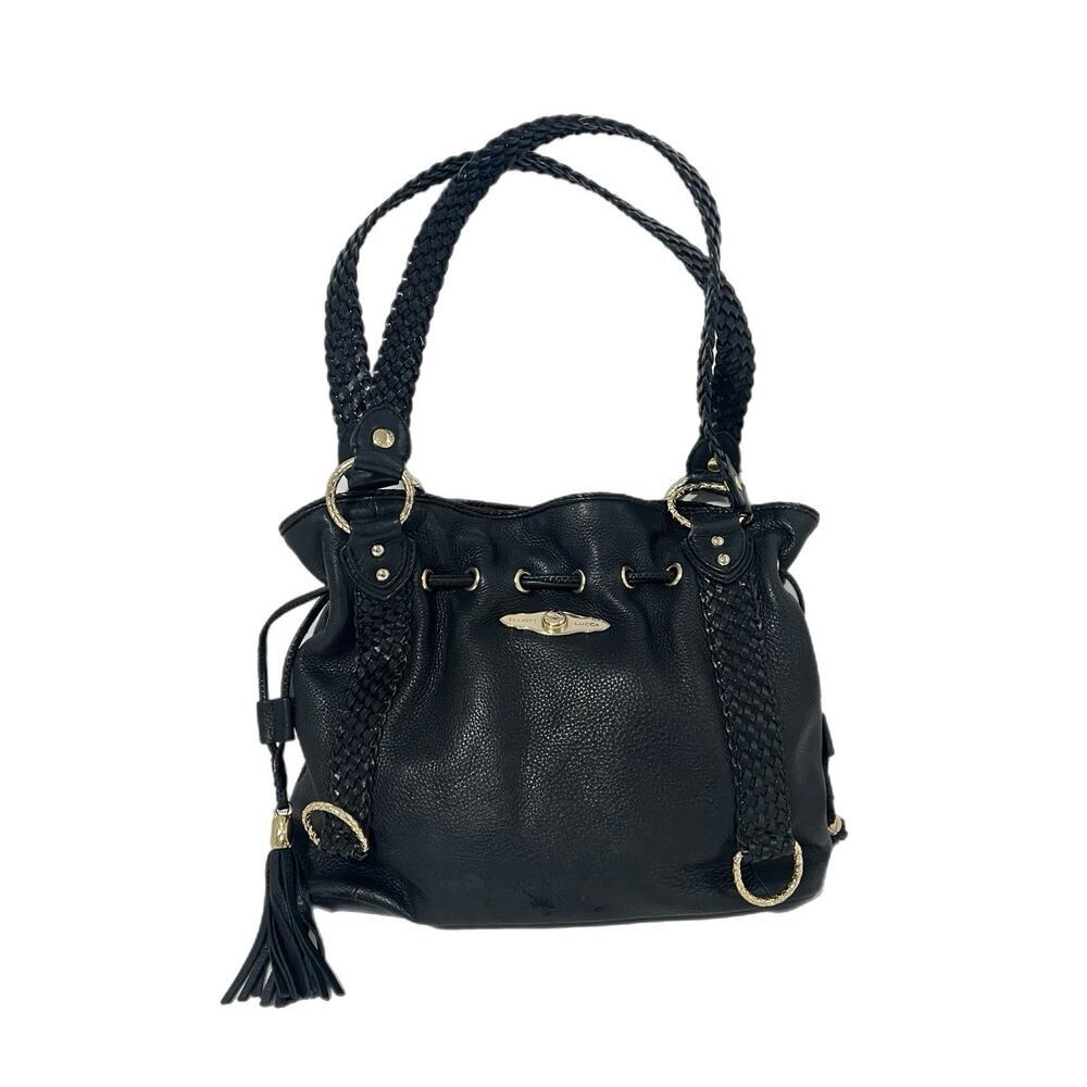 Elliott Lucca Hobo Black Pebbled Leather Shoulder Bag Double Strap Tassels